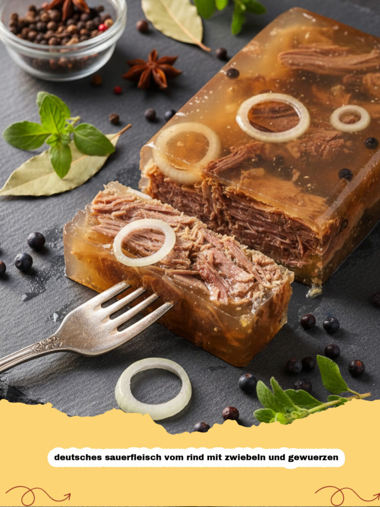 deutsches sauerfleisch vom rind mit zwiebeln und gewuerzen - Deutsches Sauerfleisch vom Rind in Aspik mit Zwiebelringen serviert auf einem Holzteller