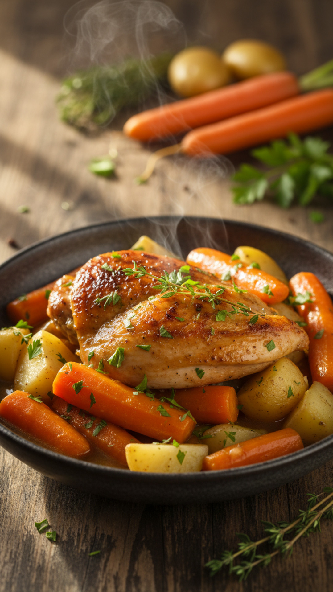 Traditionelles deutsches Schmorhähnchen mit Wurzelgemüse und Kartoffeln Preparation