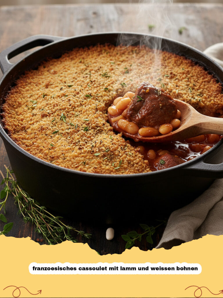 franzoesisches cassoulet mit lamm und weissen bohnen - Französisches Cassoulet mit Lamm und weissen Bohnen in einem rustikalen Tontopf