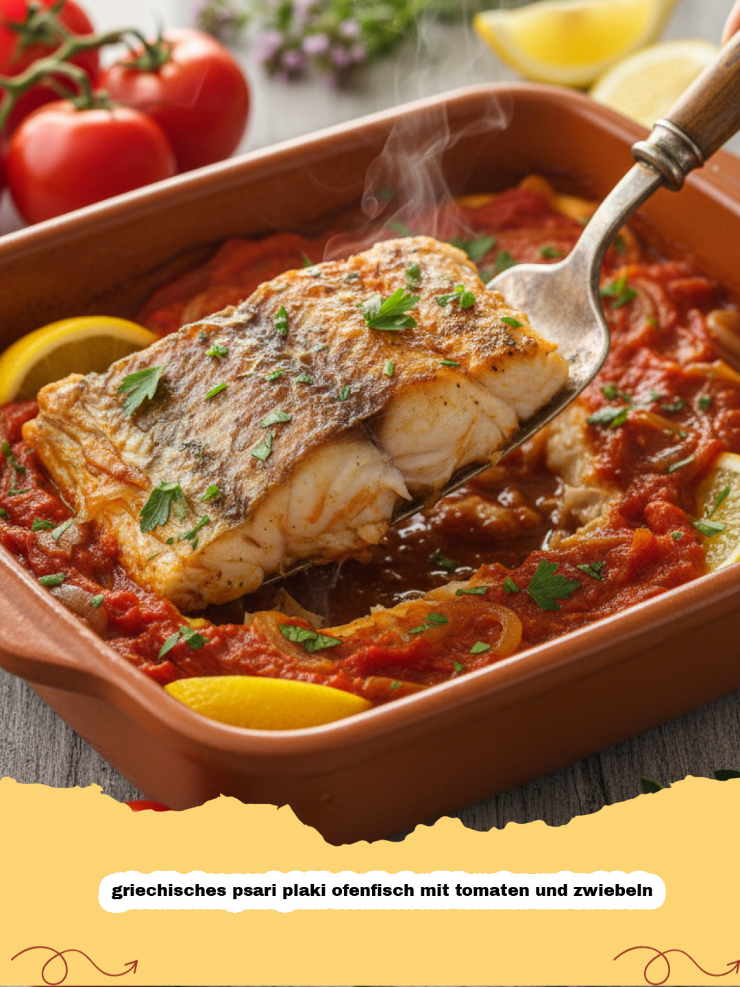 Mediterraner Genuss: Griechisches Psari Plaki Ofenfisch mit Tomaten und Zwiebeln