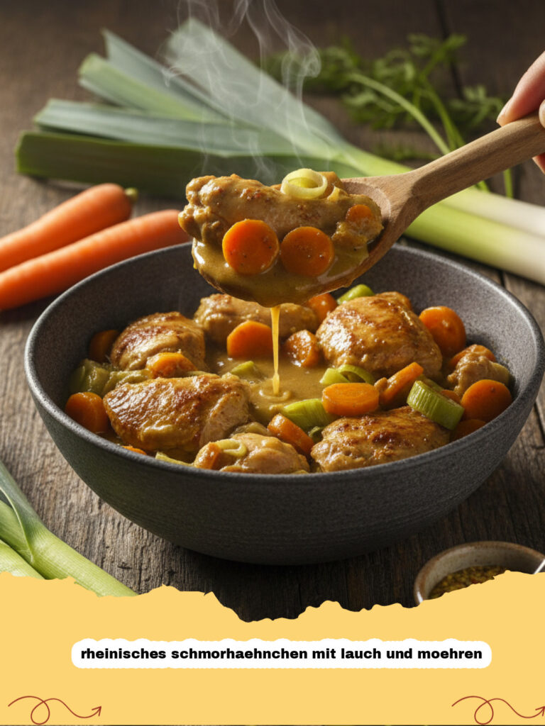 rheinisches schmorhaehnchen mit lauch und moehren - Rheinisches Schmorhähnchen mit Lauch und Möhren in einem gusseisernen Topf