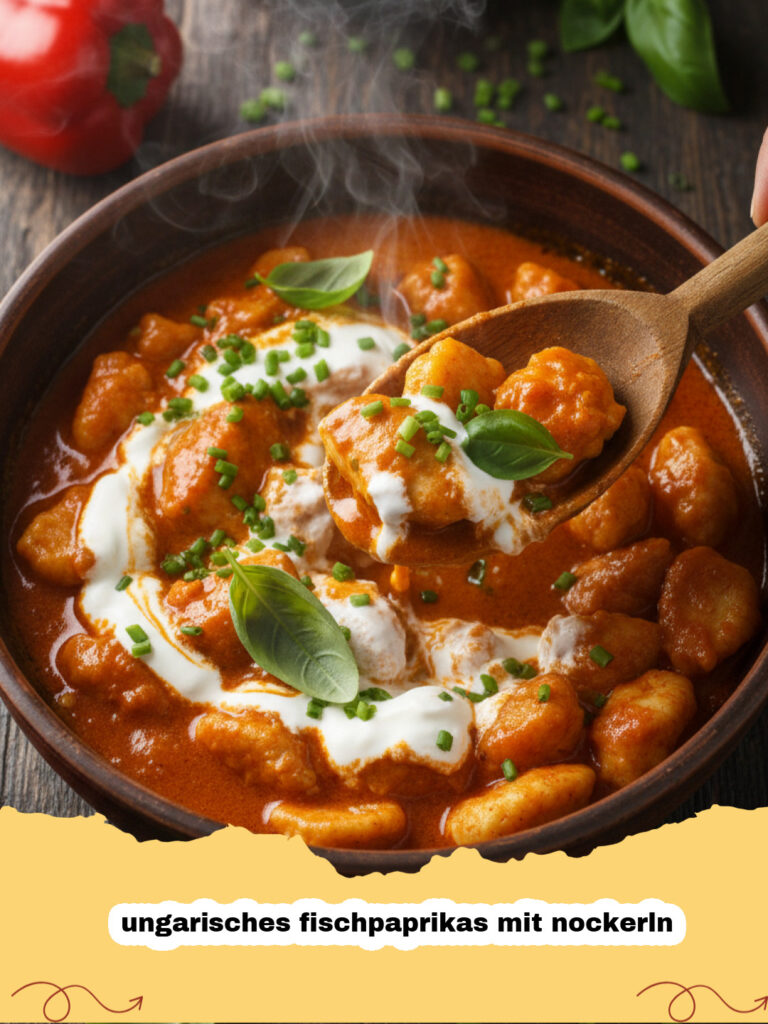 ungarisches fischpaprikas mit nockerln - Ein Teller mit ungarischem Fischpaprikas und hausgemachten Nockerln