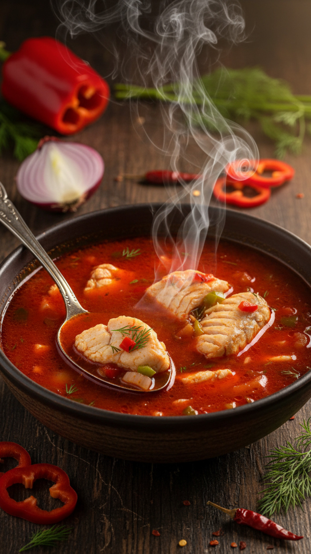 Ungarische Fischsuppe Halaszle mit Paprika Preparation