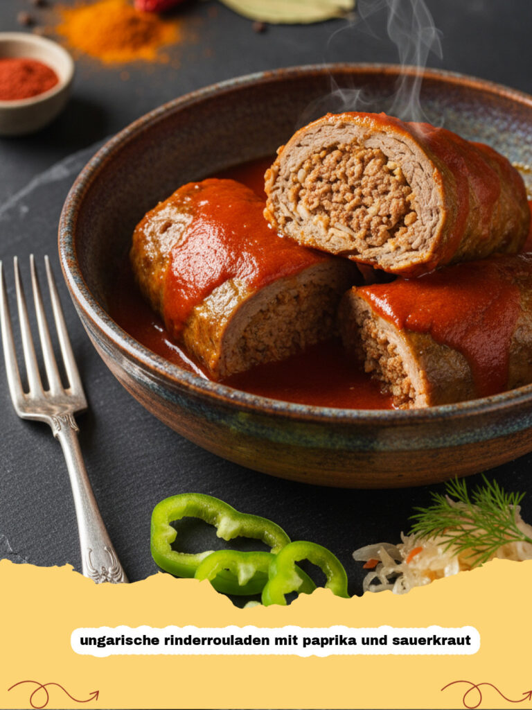 Saftige ungarische rinderrouladen mit paprika und sauerkraut in einer dunklen Paprikasoße serviert mit Spätzle.