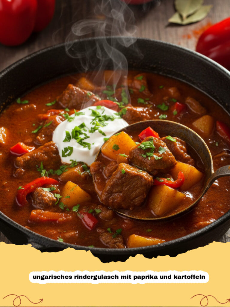 ungarisches rindergulasch mit paprika und kartoffeln - Ein Teller mit dampfendem ungarischem Rindergulasch, Paprika und Kartoffeln
