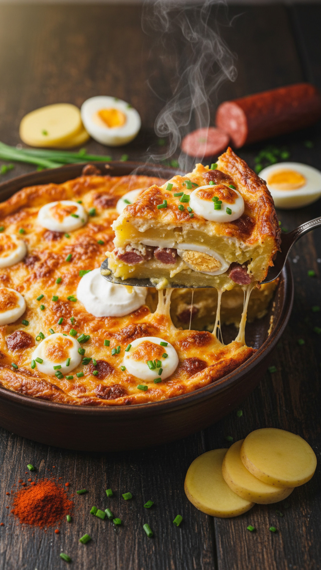 Ungarisches Rakott Krumpli Kartoffelauflauf mit Rindfleisch und Eiern Preparation