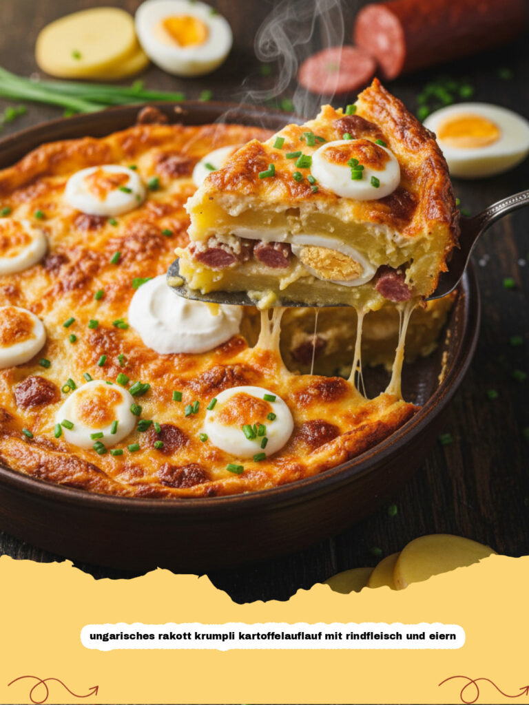 ungarisches rakott krumpli kartoffelauflauf mit rindfleisch und eiern - Ungarisches Rakott Krumpli Kartoffelauflauf mit Rindfleisch und Eiern in einer Auflaufform