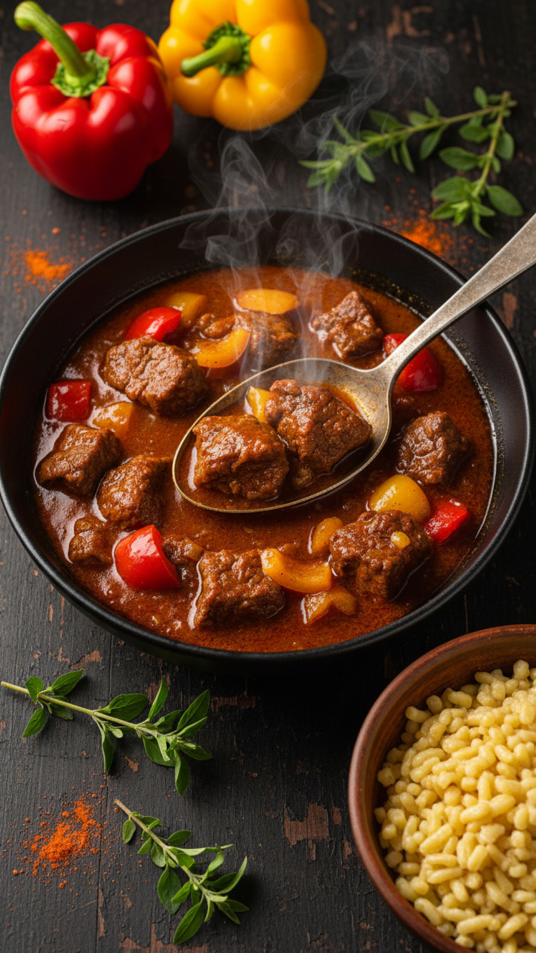 Ungarisches Rinderpörkölt mit Tarhonya Eierteigwaren Preparation