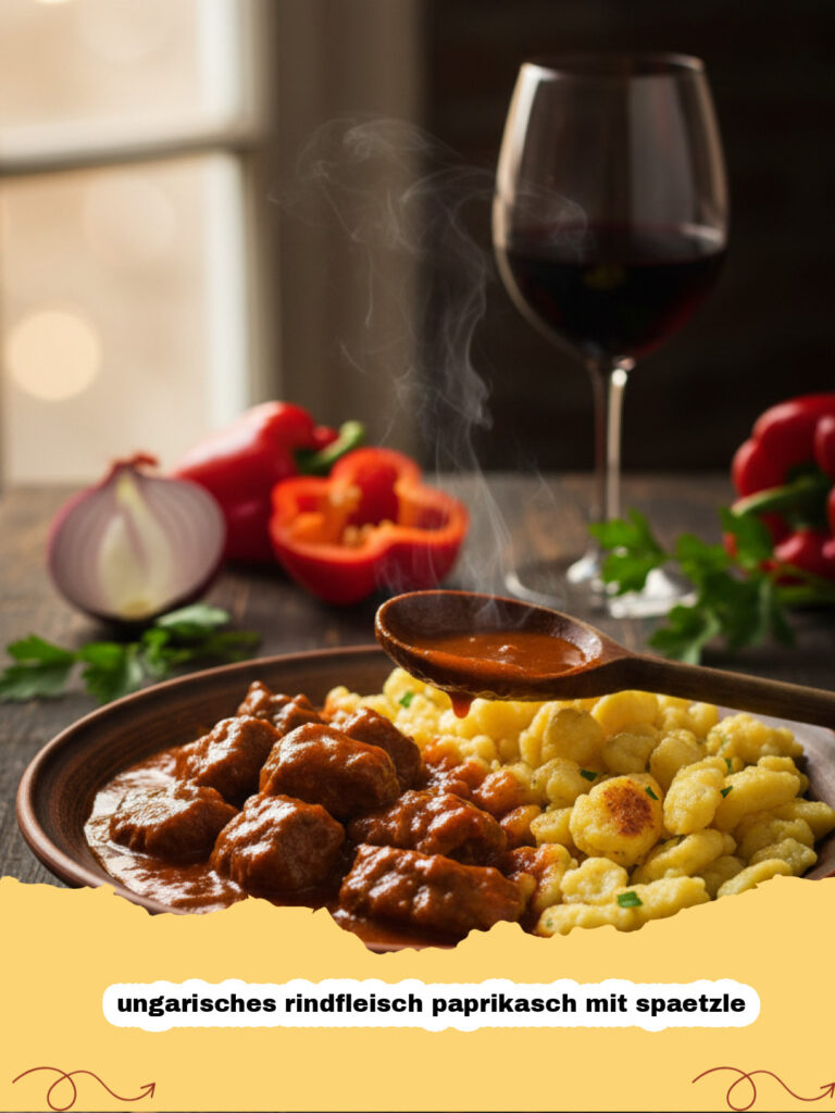 ungarisches rindfleisch paprikasch mit spaetzle - Ein Teller mit ungarischem Rindfleisch Paprikasch und goldenen Spätzle