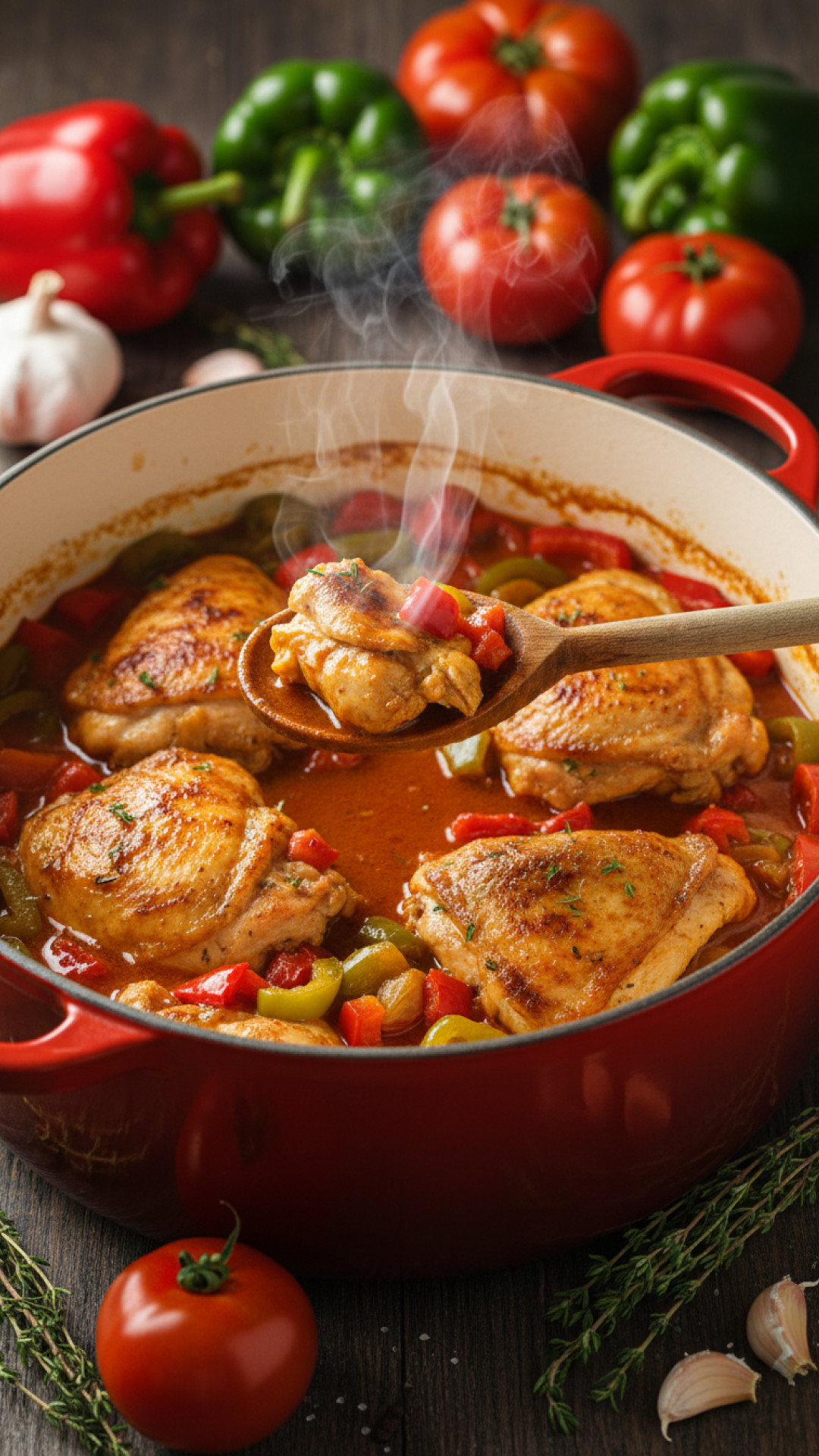 Würziger Hähnchen Paprikaschmor Topf mit Tomaten Preparation