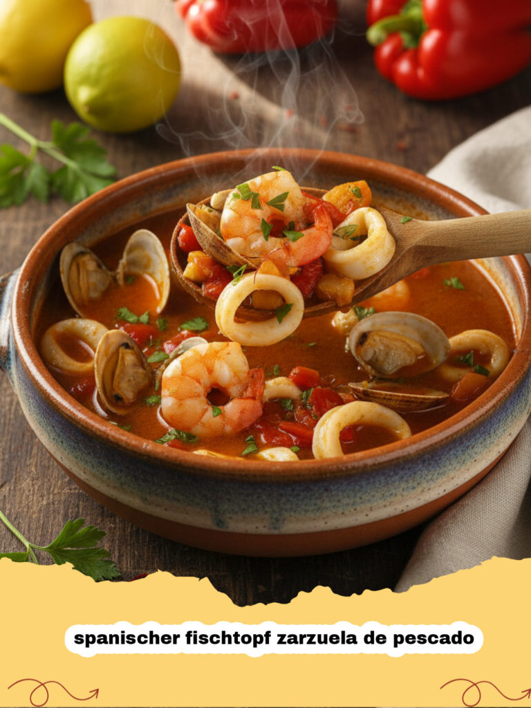 spanischer fischtopf zarzuela de pescado - Authentischer spanischer Fischtopf Zarzuela de Pescado in einer Tonschale serviert