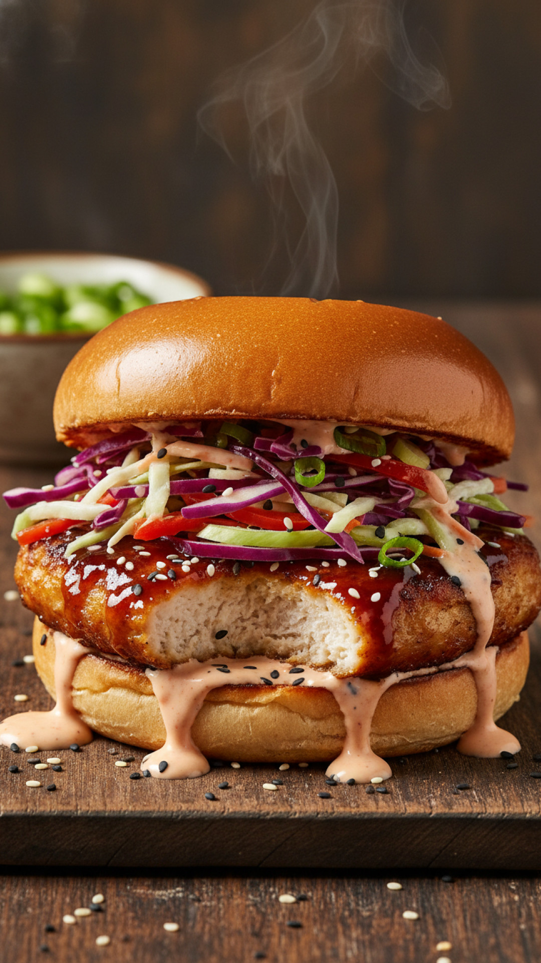 Asiatischer Hähnchen Burger mit Coleslaw und Sesam Preparation