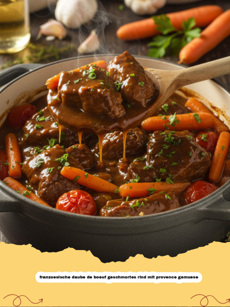 franzoesische daube de boeuf geschmortes rind mit provence gemuese - Franzoesische Daube de Boeuf geschmortes Rind mit Provence Gemuese in einem gusseisernen Topf