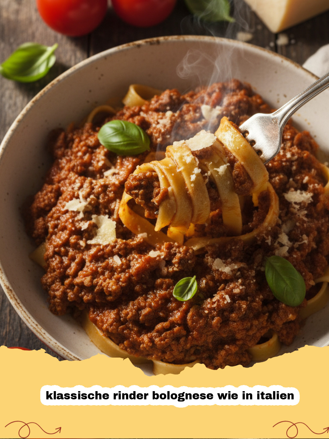 klassische rinder bolognese wie in italien - Teller mit Tagliatelle und reichhaltiger, klassischer Rinder Bolognese, garniert mit frischem Basilikum und Parmigiano Reggiano.