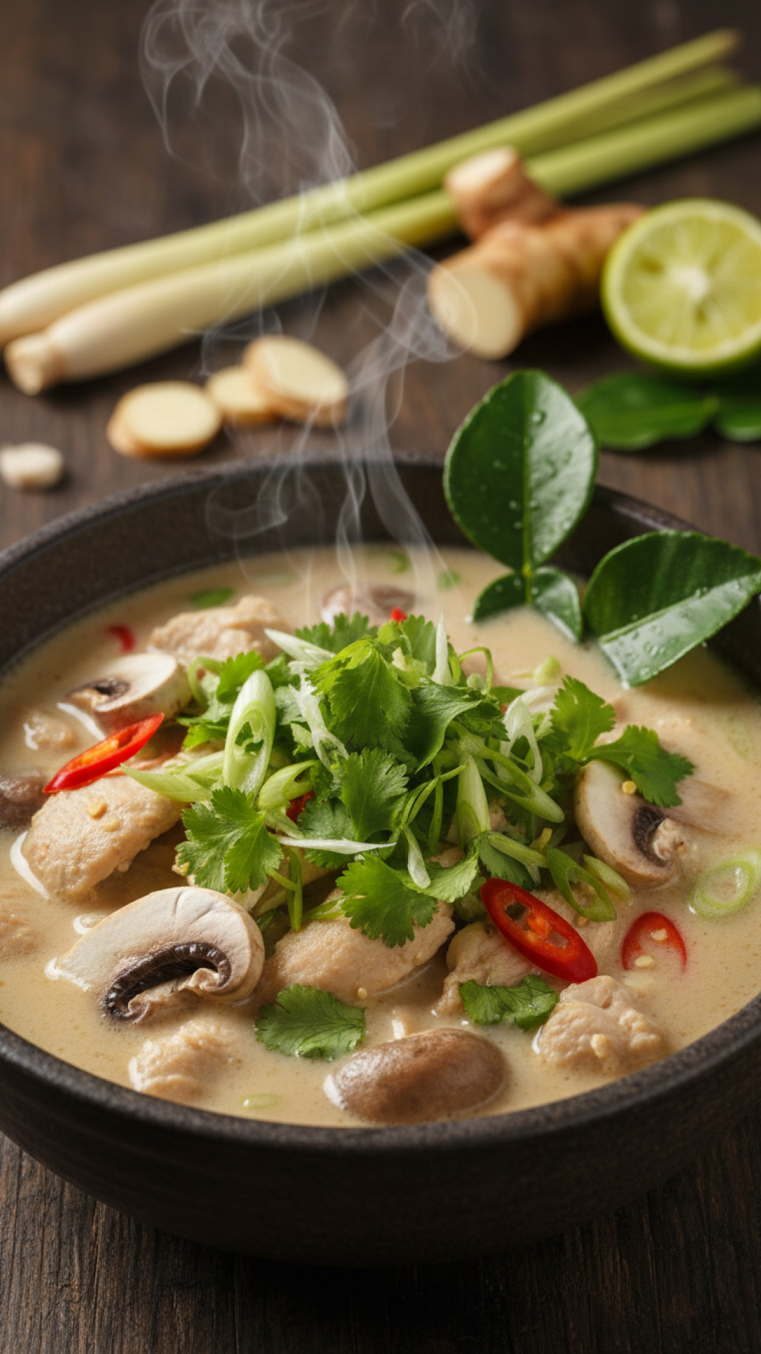 Authentische Tom Kha Gai Suppe Preparation