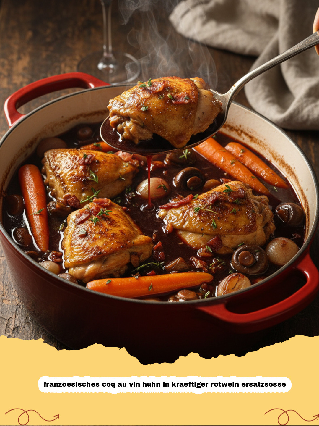 Ein Teller mit franzoesisches coq au vin huhn in kraeftiger rotwein ersatzsosse, Champignons und Kräutern.