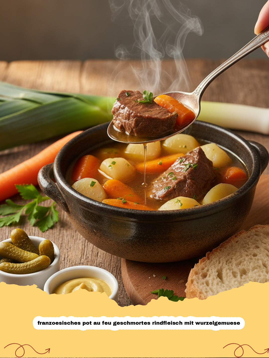 Klassisches Franzoesisches Pot au Feu: Geschmortes Rindfleisch mit Wurzelgemüse nach Omas Art