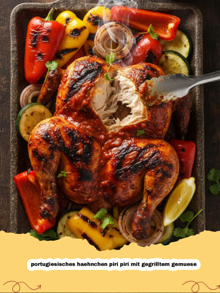 portugiesisches haehnchen piri piri mit gegrilltem gemuese - Saftiges gegrilltes portugiesisches haehnchen piri piri mit buntem Gemüse auf einer Servierplatte.