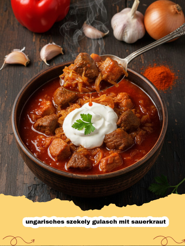 ungarisches szekely gulasch mit sauerkraut - Ein dampfender Teller mit ungarischem Székely Gulasch mit Sauerkraut und einem Klecks Sauerrahm
