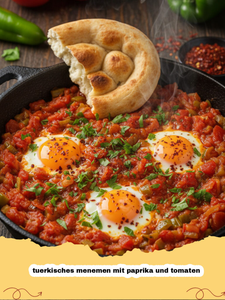 tuerkisches menemen mit paprika und tomaten - Türkisches Menemen mit Paprika und Tomaten in einer gusseisernen Pfanne, garniert mit frischer Petersilie, bereit zum Servieren mit Brot.