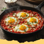 tuerkisches shakshuka mit paprika und feta - Eine Pfanne mit türkischem Shakshuka, reich an Paprika, Tomaten, pochierten Eiern und zerbröseltem Feta, garniert mit frischer Petersilie.