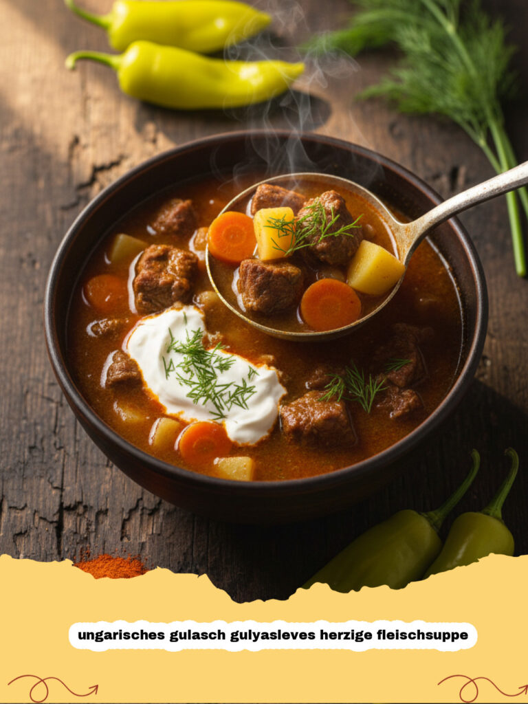 ungarisches gulasch gulyasleves herzige fleischsuppe - Ein tiefer Teller mit dampfendem ungarischem Gulasch Gulyasleves, dekoriert mit Petersilie.