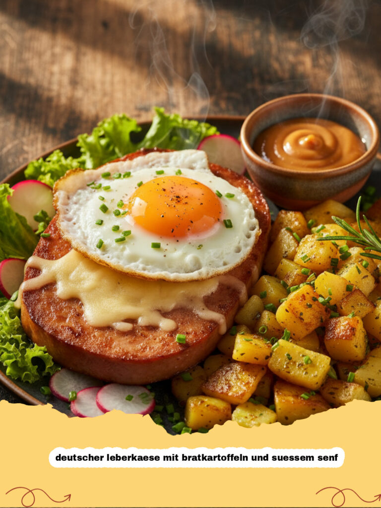 deutscher leberkaese mit bratkartoffeln und suessem senf - Deutscher Leberkäse mit Bratkartoffeln und süßem Senf auf einem rustikalen Teller serviert