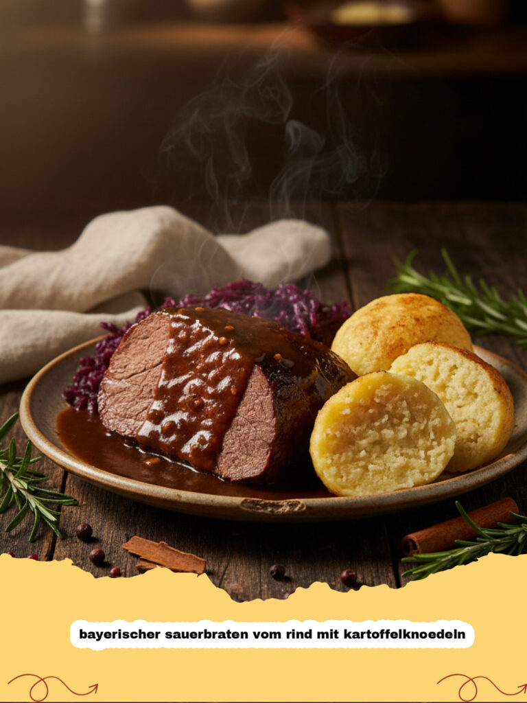 bayerischer sauerbraten vom rind mit kartoffelknoedeln - Ein Teller mit bayerischem Sauerbraten vom Rind, dunkler Soße und zwei Kartoffelknödeln.
