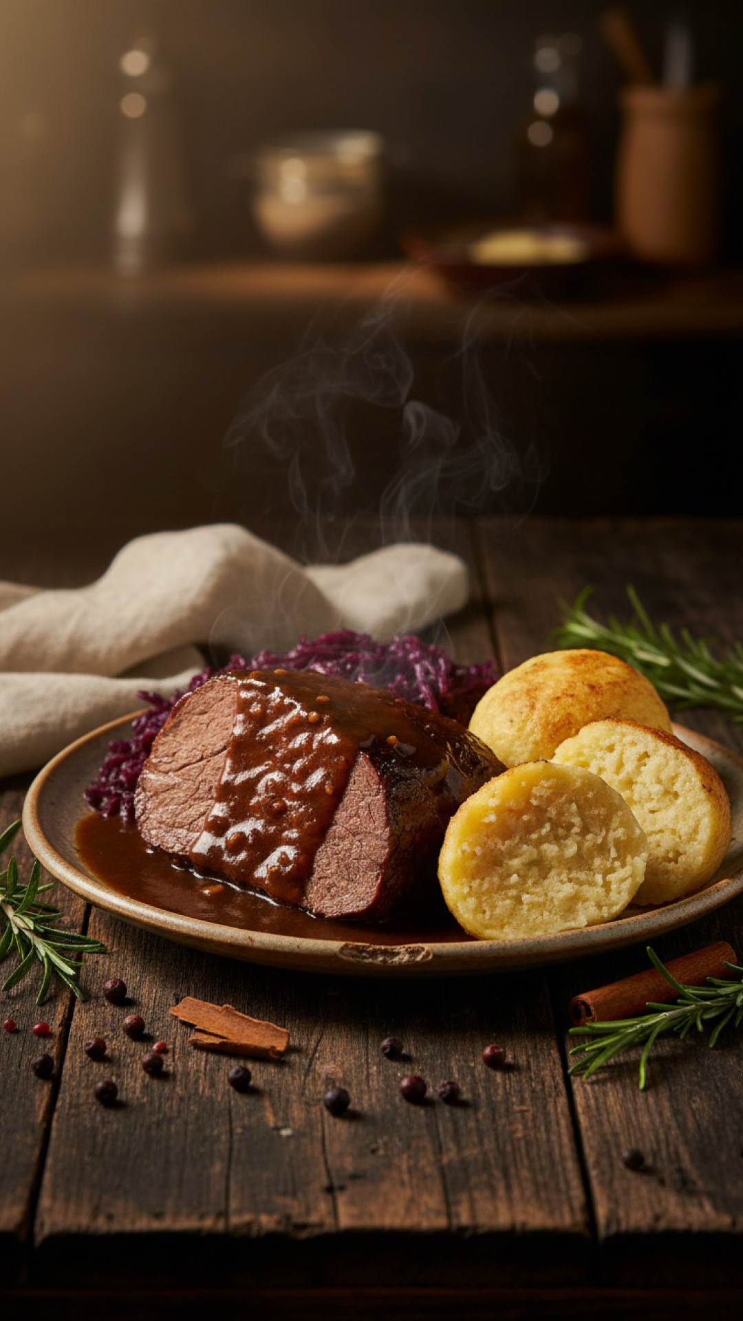 Bayerischer Sauerbraten vom Rind mit Kartoffelknödeln Preparation