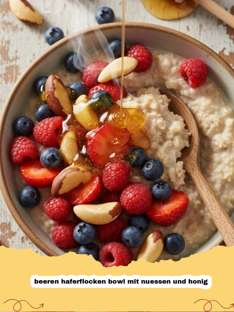 beeren haferflocken bowl mit nuessen und honig - Eine köstliche Beeren Haferflocken Bowl mit Nüssen und Honig, garniert mit frischen Beeren und Mandeln, bereit zum Genuss.