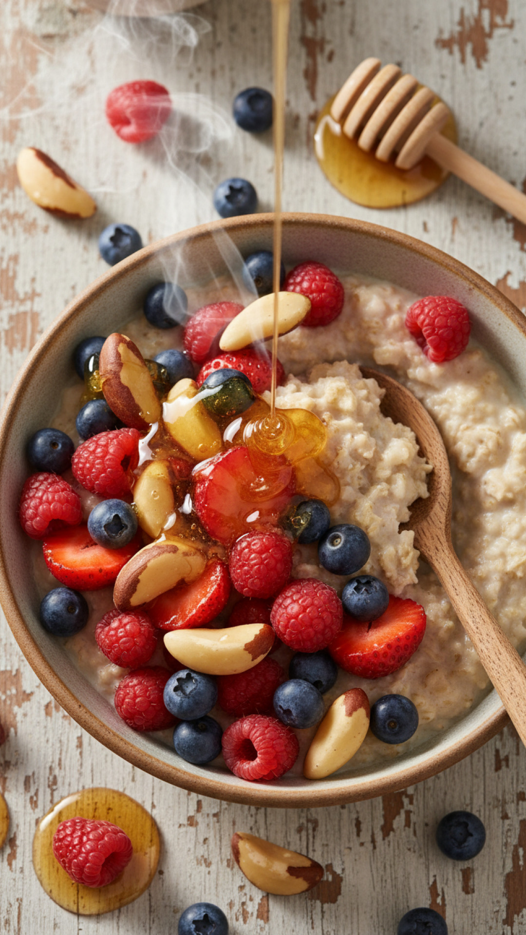 Beeren Haferflocken Bowl mit Nüssen und Honig Preparation
