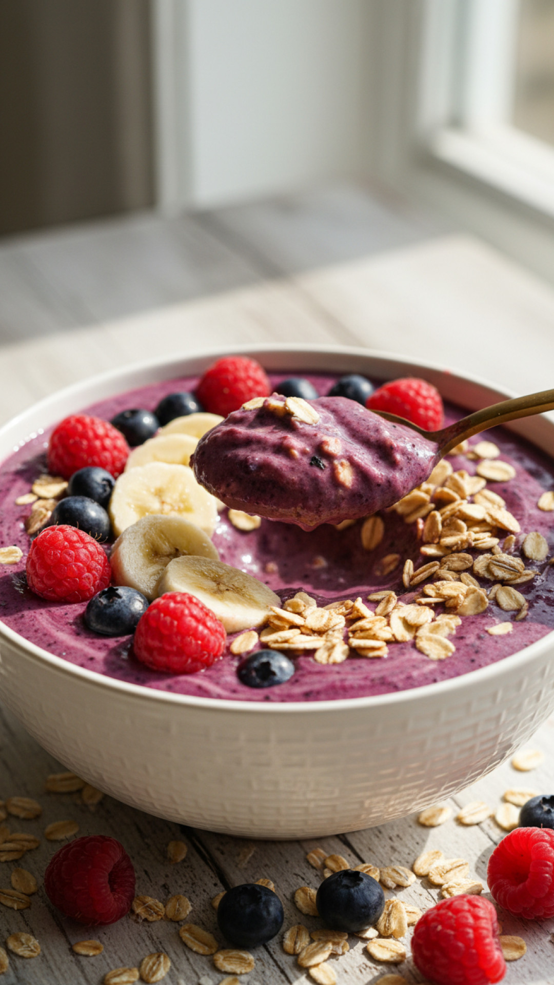 Beeren Haferflocken Smoothie Bowl mit Superfood Toppings Preparation