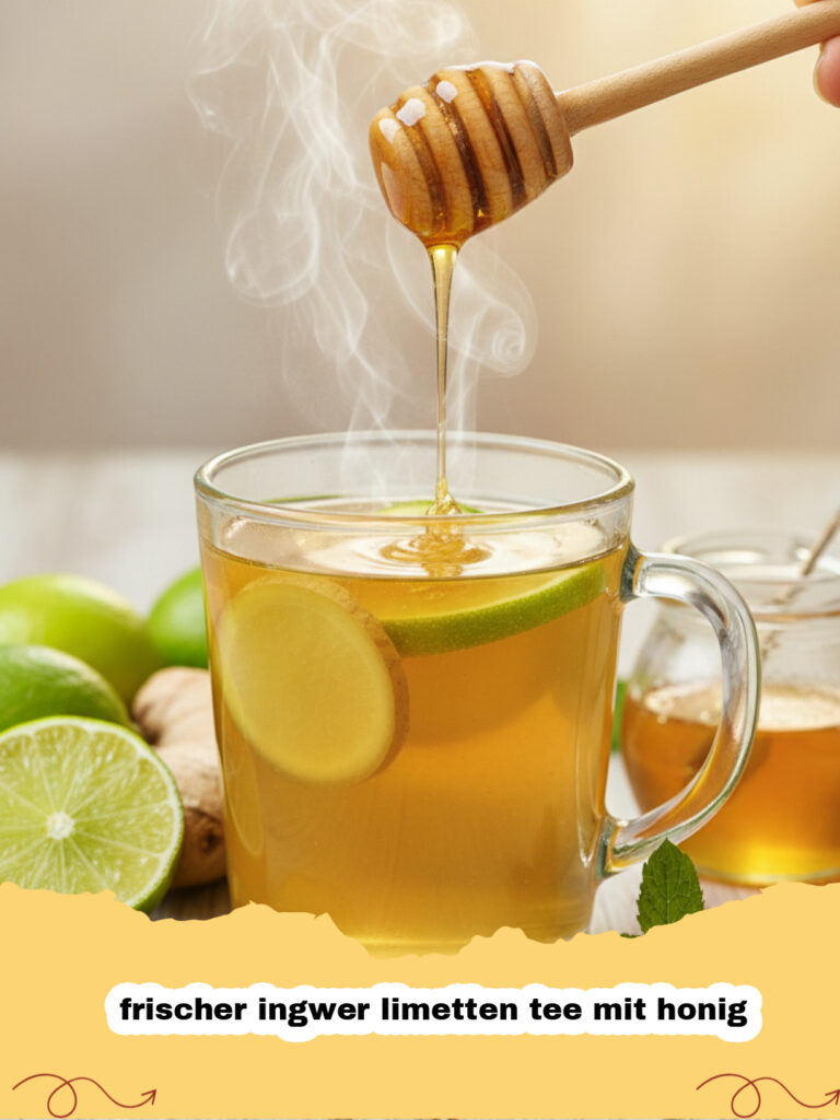 frischer ingwer limetten tee mit honig - Eine dampfende Tasse frischer Ingwer Limetten Tee mit Honig, garniert mit Limettenscheiben und Ingwerstücken auf einem rustikalen Holztisch.