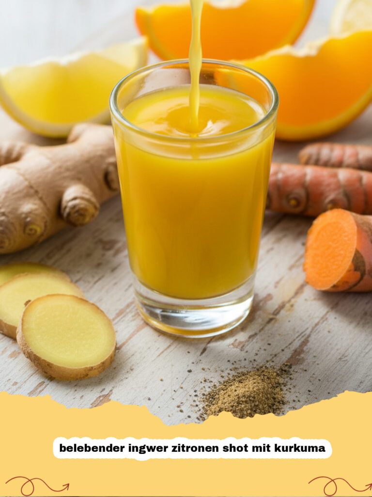 belebender ingwer zitronen shot mit kurkuma - Ein goldener, belebender Ingwer-Zitronen-Shot mit Kurkuma in einem kleinen Glas, garniert mit Zitronenscheiben und Ingwerstücken, im Hintergrund frische Ingwer-, Kurkuma- und Zitronenscheiben auf einem Holzbrett.