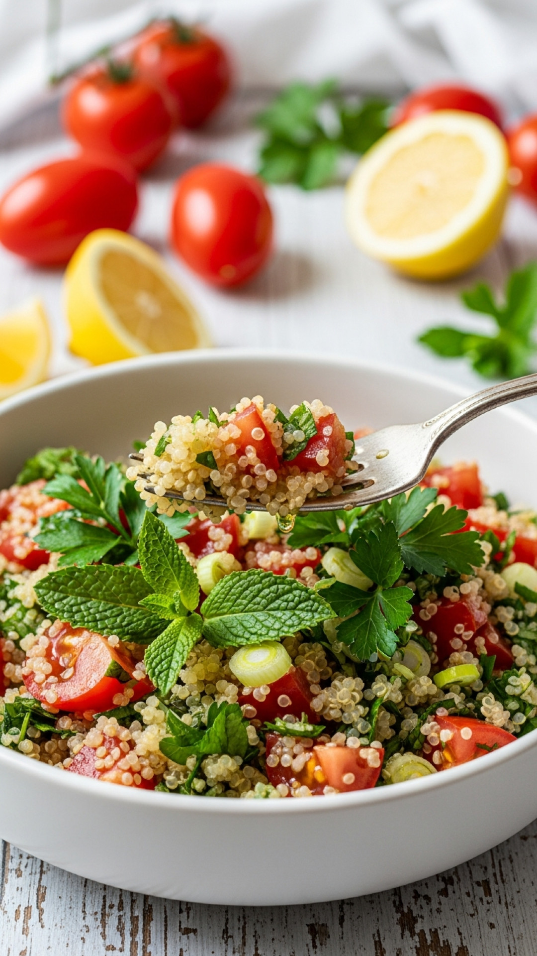 Bester Mediterraner Quinoa Salat mit frischen Kräutern Preparation
