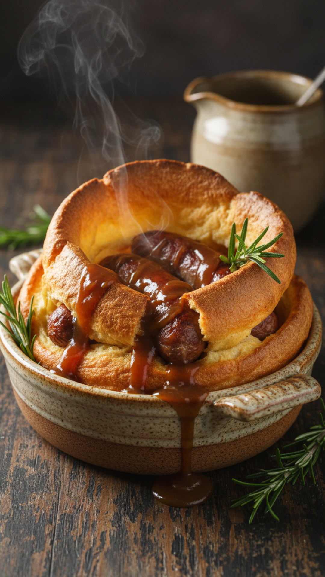 Britisches Toad in the Hole mit Rinderwürsten und Zwiebelsoße Preparation