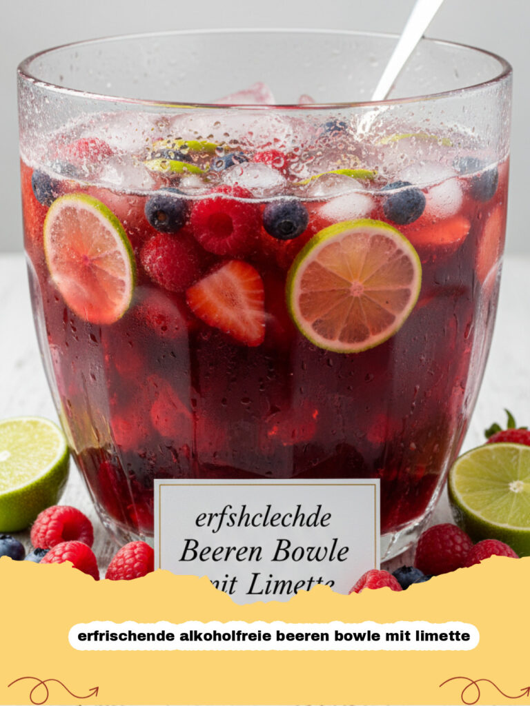 erfrischende alkoholfreie beeren bowle mit limette - Eine Glasschüssel mit erfrischender alkoholfreier Beeren Bowle mit Limette, Eiswürfeln und Minze