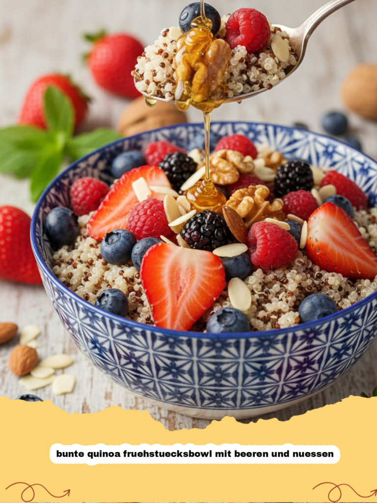 bunte quinoa fruehstuecksbowl mit beeren und nuessen - Eine farbenfrohe und nahrhafte bunte Quinoa Frühstücksbowl mit frischen Beeren, knackigen Nüssen und Chiasamen, bereit zum Genießen.
