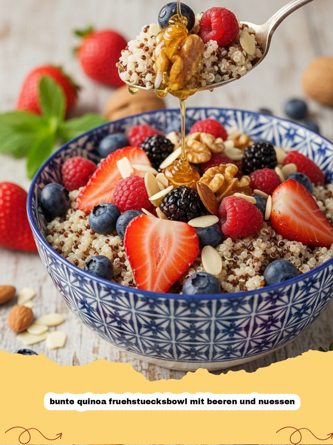 bunte quinoa fruehstuecksbowl mit beeren und nuessen - Eine farbenfrohe und nahrhafte bunte Quinoa Frühstücksbowl mit frischen Beeren, knackigen Nüssen und Chiasamen, bereit zum Genießen.