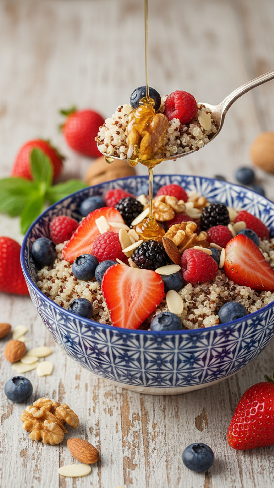 Bunte Quinoa Frühstücksbowl mit Beeren und Nüssen Preparation