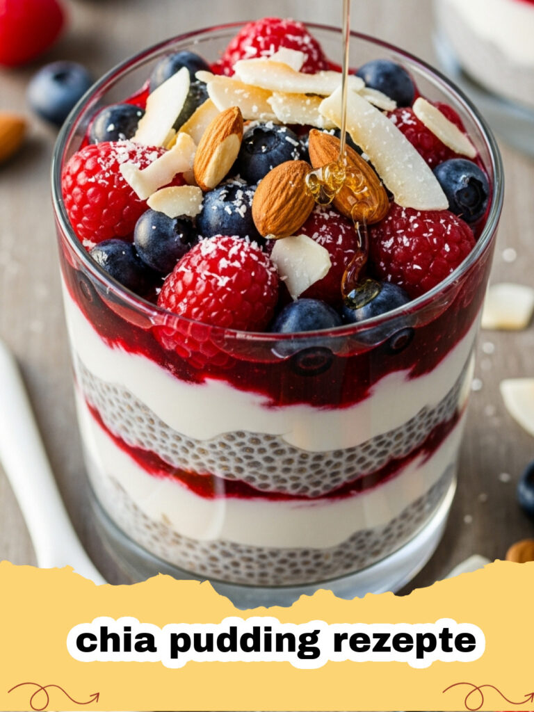 chia pudding rezepte - Cremiger Chia Pudding in einem Glas mit frischen Beeren garniert