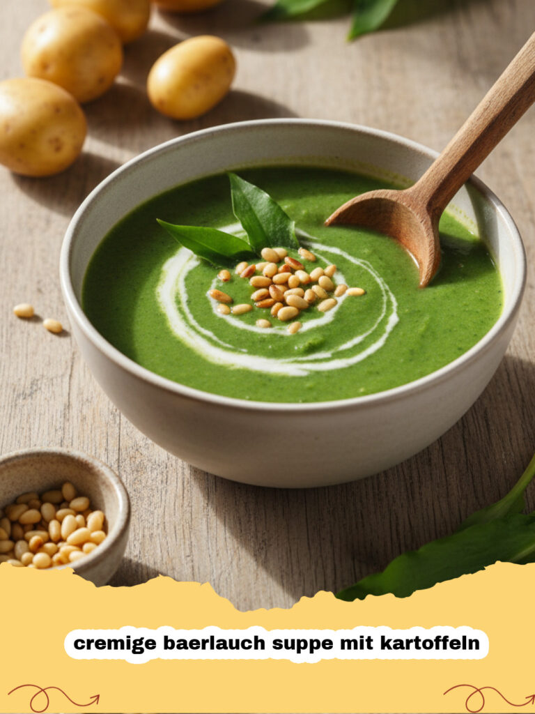 cremige baerlauch suppe mit kartoffeln - Eine Schüssel cremige Bärlauchsuppe mit Kartoffeln garniert mit Sahne und Bärlauchblättern