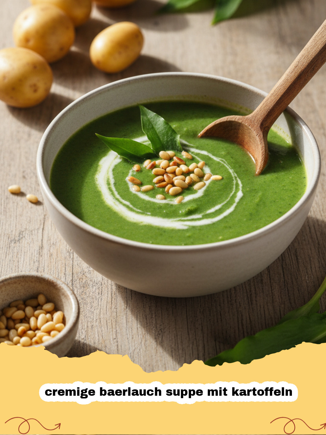 cremige baerlauch suppe mit kartoffeln - Eine Schüssel cremige Bärlauchsuppe mit Kartoffeln garniert mit Sahne und Bärlauchblättern
