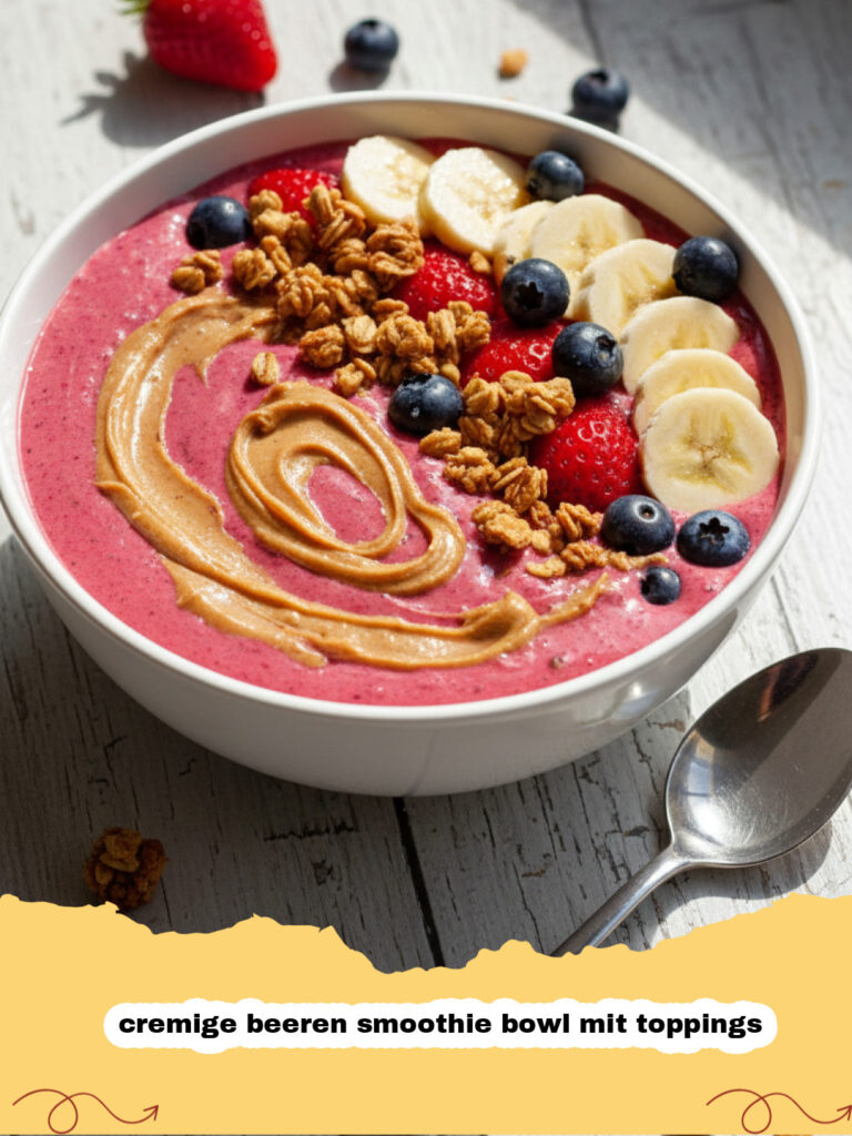 cremige beeren smoothie bowl mit toppings - Eine wunderschön angerichtete cremige Beeren Smoothie Bowl mit frischen Beeren, Granola und Kokosraspeln
