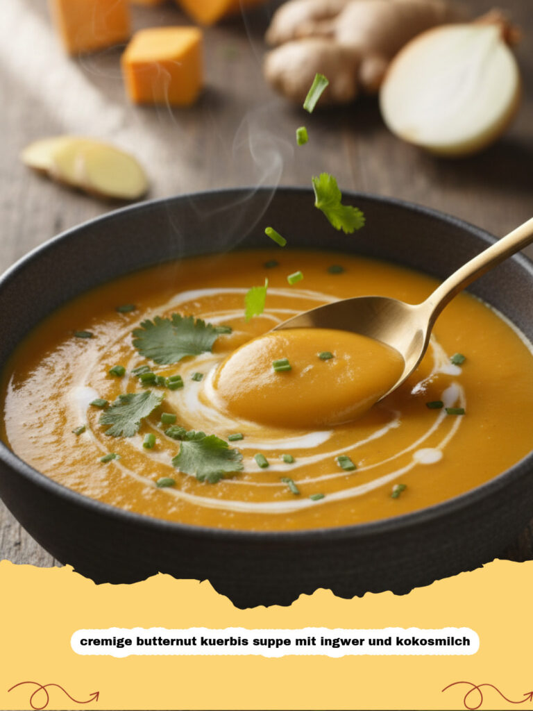 cremige butternut kuerbis suppe mit ingwer und kokosmilch - Eine Schüssel cremige Butternut Kürbis Suppe mit Ingwer und Kokosmilch, garniert mit frischem Koriander und Kürbiskernen.
