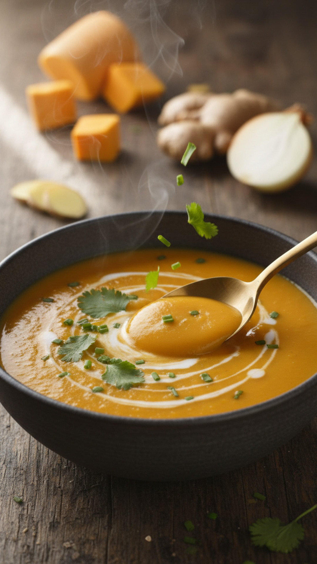 Cremige Butternut Kürbis Suppe mit Ingwer und Kokosmilch Preparation