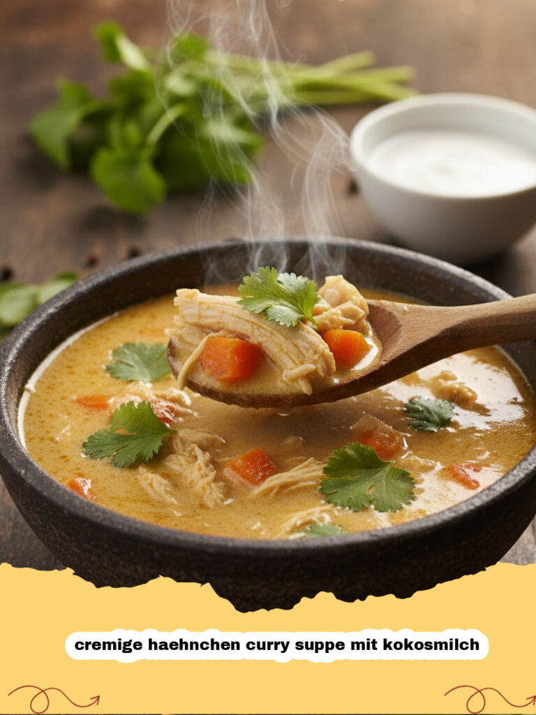 cremige haehnchen curry suppe mit kokosmilch - Eine köstliche cremige Hähnchen Curry Suppe mit Kokosmilch, garniert mit frischem Koriander in einer weißen Schale.