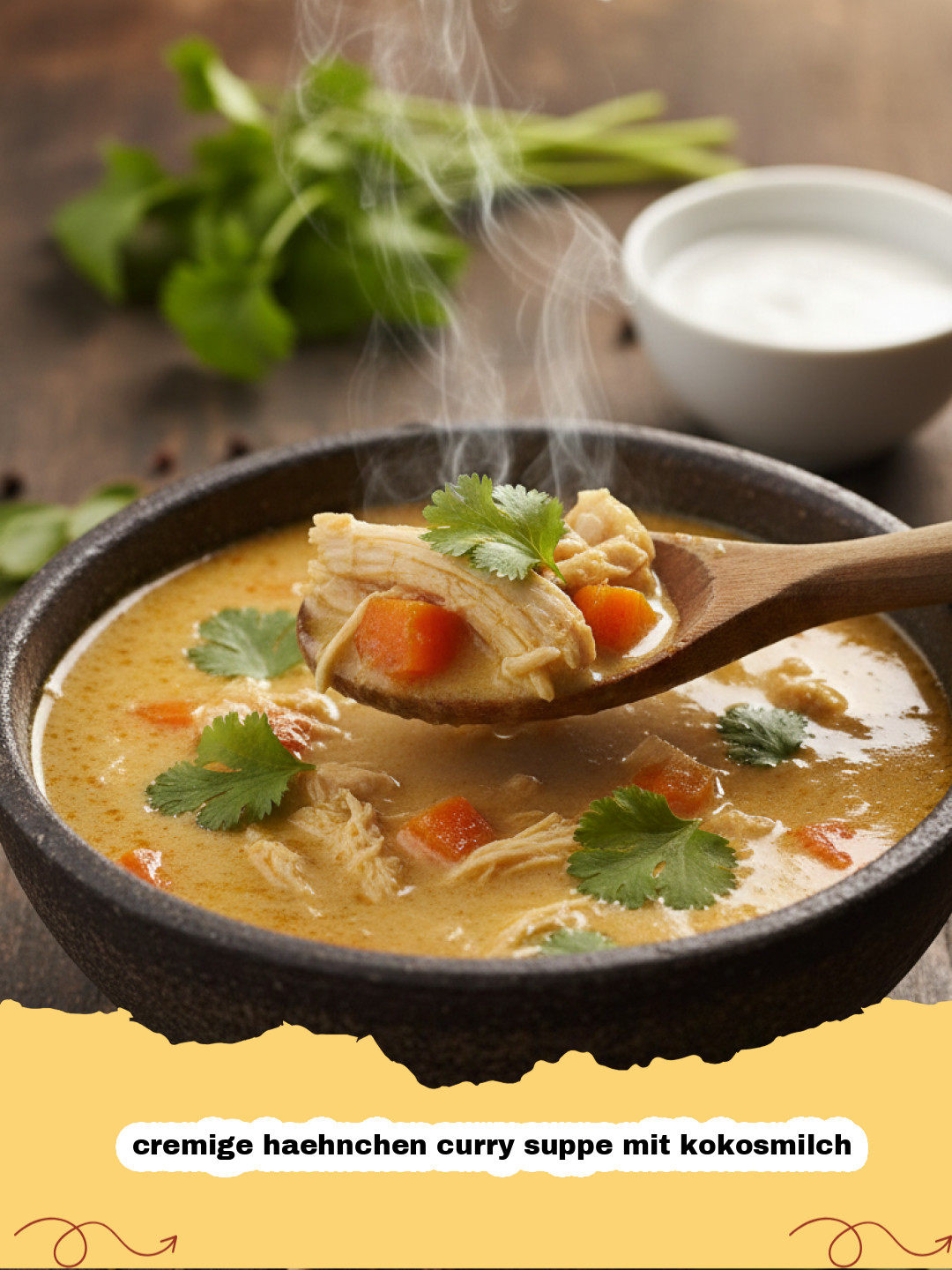 cremige haehnchen curry suppe mit kokosmilch - Eine köstliche cremige Hähnchen Curry Suppe mit Kokosmilch, garniert mit frischem Koriander in einer weißen Schale.