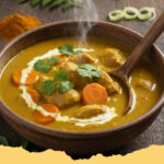 cremige haehnchen curry suppe mit kokosmilch - Eine Schale voller cremiger Hähnchen Curry Suppe mit Kokosmilch, garniert mit frischem Koriander und Limettenspalten.