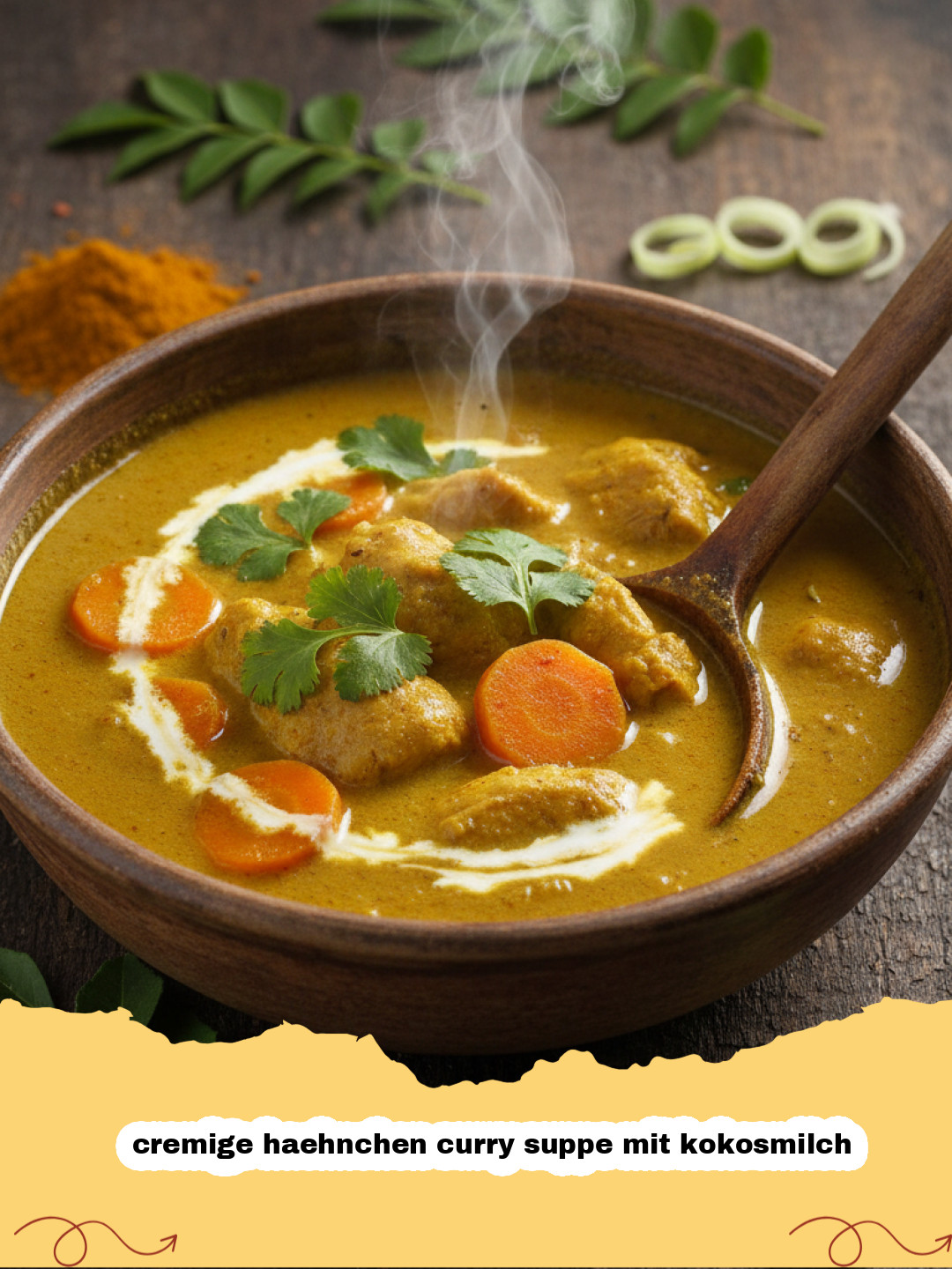 cremige haehnchen curry suppe mit kokosmilch - Eine Schale voller cremiger Hähnchen Curry Suppe mit Kokosmilch, garniert mit frischem Koriander und Limettenspalten.